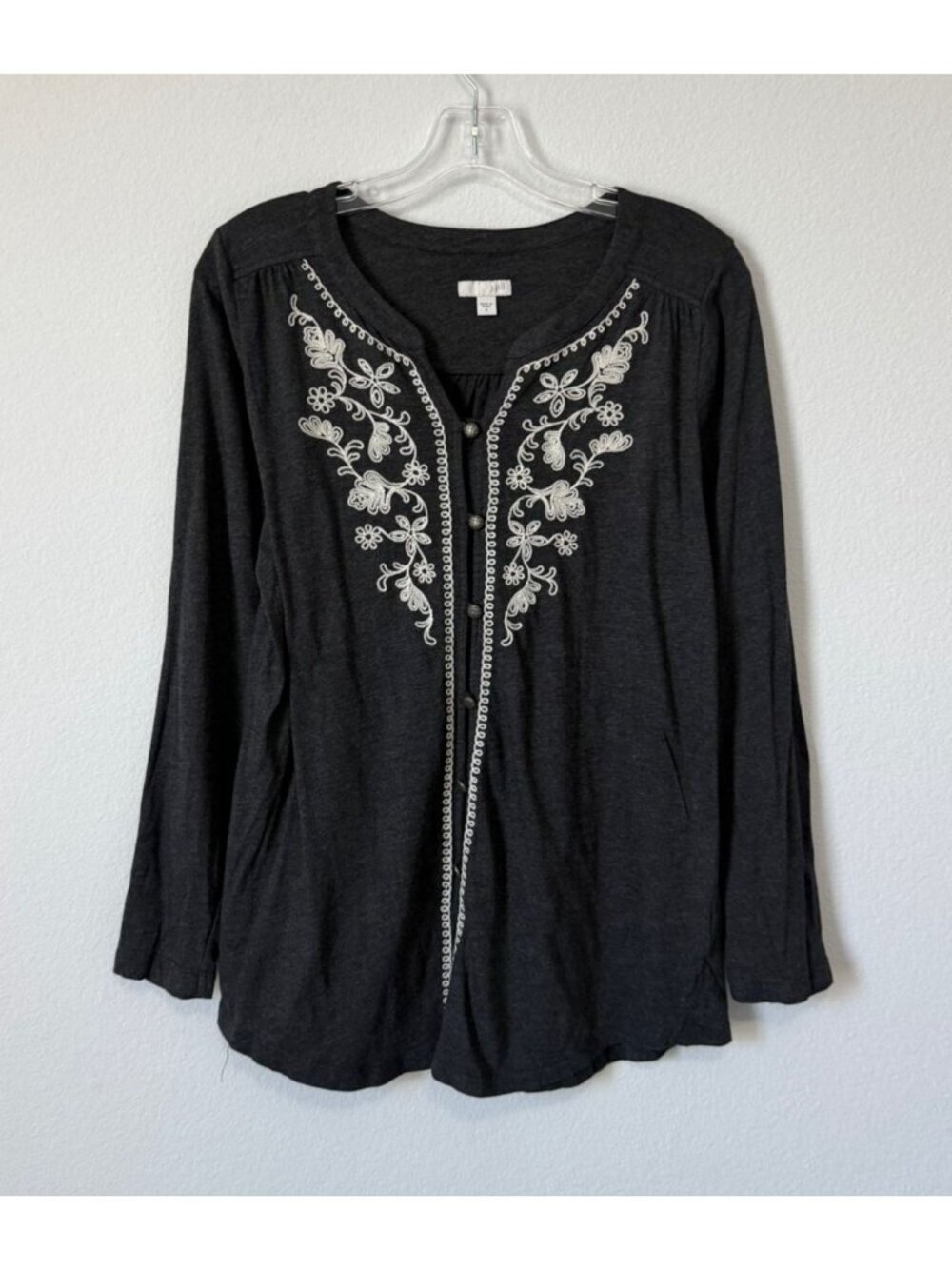 J. Jill 3/4 Sleeve Embroidered V-Neck Button Up Tunic Blouse Size S